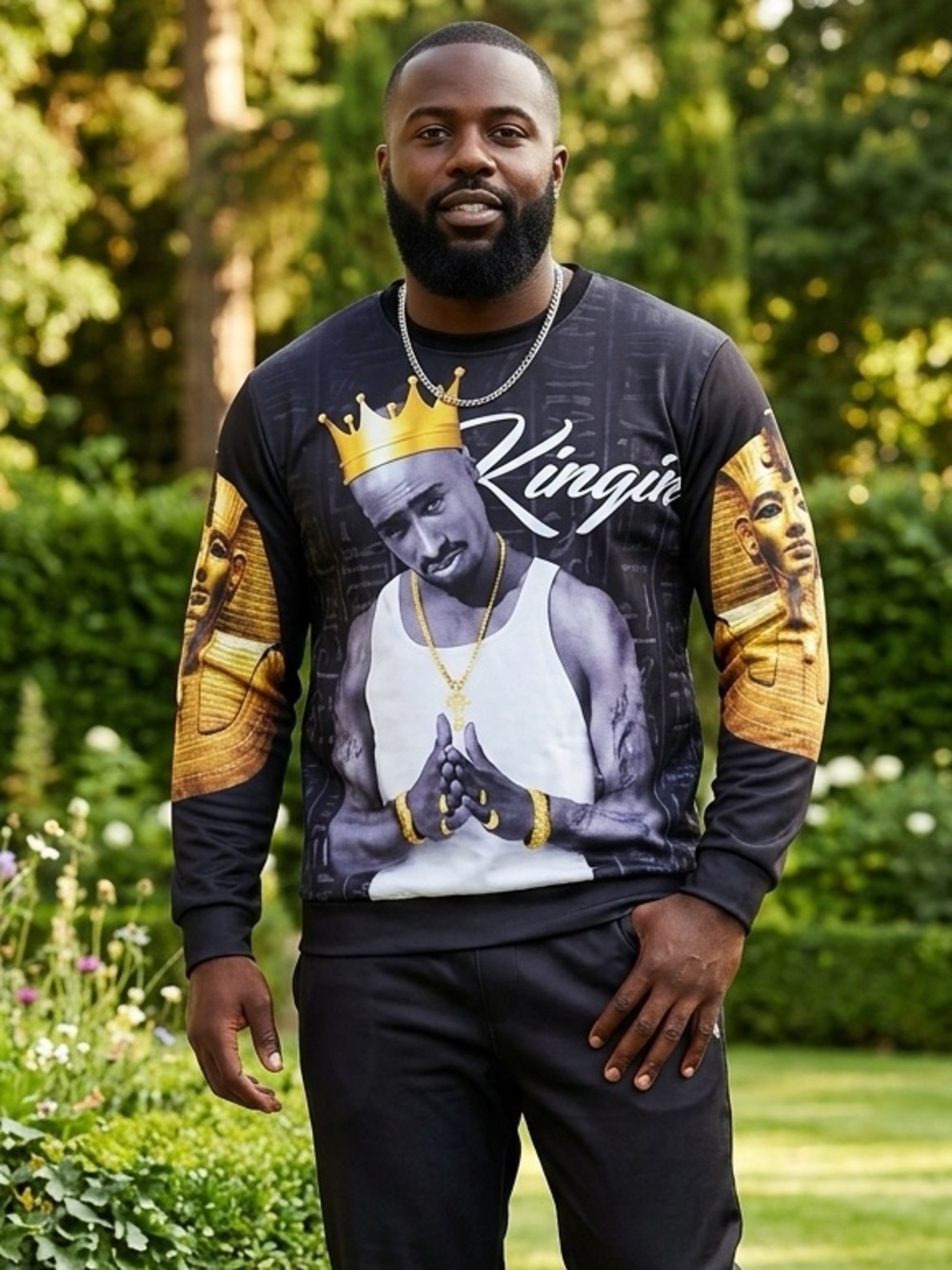 NWOT Black/Gold Kingin TuPac Graphic Lightweight Sweatshirt- Size 3XL